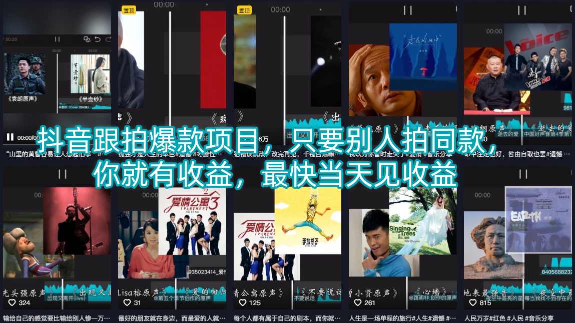 抖音跟拍爆款项目，只要别人拍同款，你就有收益，最快当天见收益-时光云网创