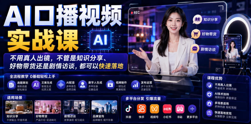 AI口播视频实战课，不用真人出镜，不管是知识分享、好物带货还是剧情访谈，都可以快速落地-时光云网创