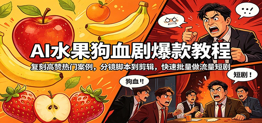 AI水果狗血剧爆款教程：复刻高赞热门案例，分镜脚本到剪辑，快速批量做流量短剧-时光云网创