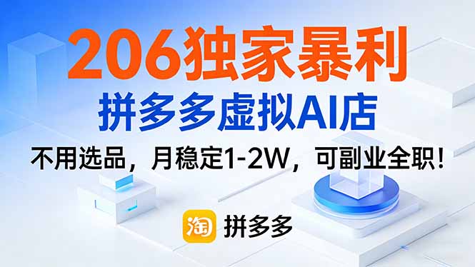 206独家暴利，拼多多虚拟AI店，不用选品，月稳定1-2W，可副业全职！-时光云网创