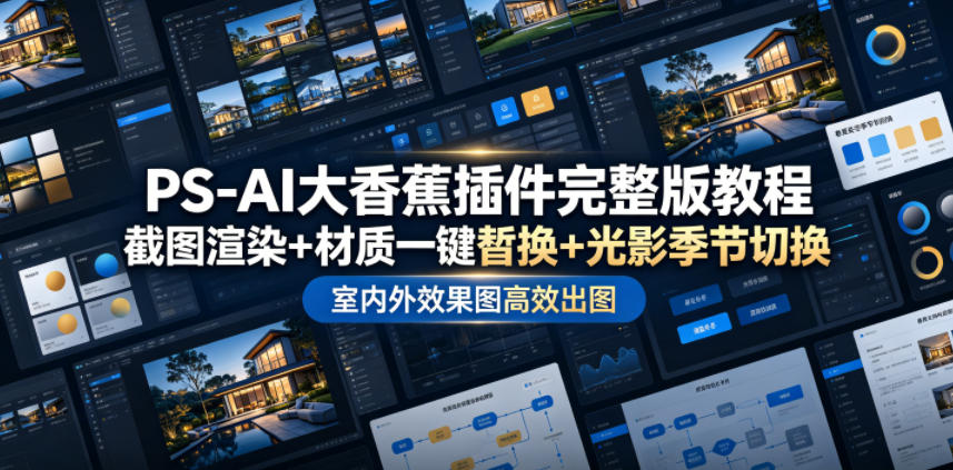 PS-AI大香蕉插件完整版教程，截图渲染+材质一键替换+光影季节切换，室内外效果图高效出图高阶课程-时光云网创