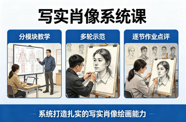 写实肖像系统课，全程分模块教学+多轮示范+逐节作业点评，系统打造扎实的写实肖像绘画能力-时光云网创
