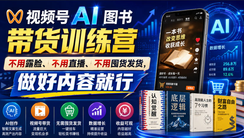 视频号AI图书带货训练营，不用露脸、不用直播、不用囤货发货，做好内容就行，一条爆款视频佣金8942-时光云网创