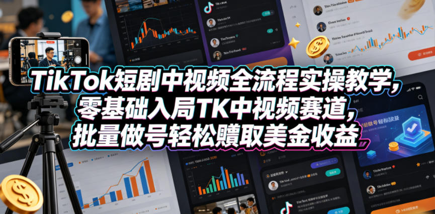 TikTok短剧中视频全流程实操教学,零基础入局TK中视频赛道,批量做号轻松賺取美金收益-时光云网创