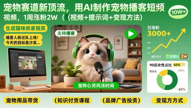 宠物赛道新顶流，用AI制作宠物播客短视频，1周涨粉2W(视频+提示词+变现方法)-时光云网创