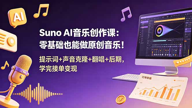 Suno AI音乐创作课：零基础也能做原创音乐！提示词+声音克隆+翻唱+后期，学完接单变现-时光云网创