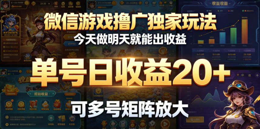 微信游戏撸广独家玩法，今天做明天就能出收益，单号日收益20+，可多号矩阵放大-时光云网创