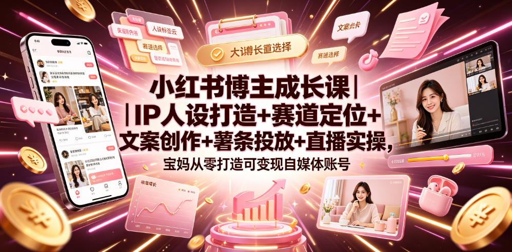 小红书博主成长课｜IP人设打造+赛道定位+文案创作+薯条投放+直播实操，宝妈从零打造可变现自媒体账号-时光云网创