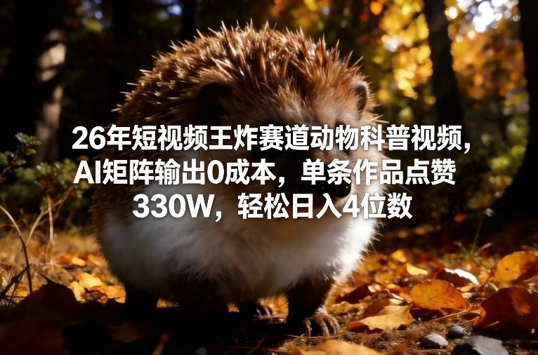 26年短视频王炸赛道动物科普视频，AI矩阵输出0成本，单条作品点赞330W，轻松日入4位数-时光云网创