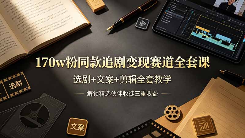 170w粉博主同款追剧变现赛道全套课，选剧+文案+剪辑全套教学，解锁精选伙伴收徒三重收益-时光云网创