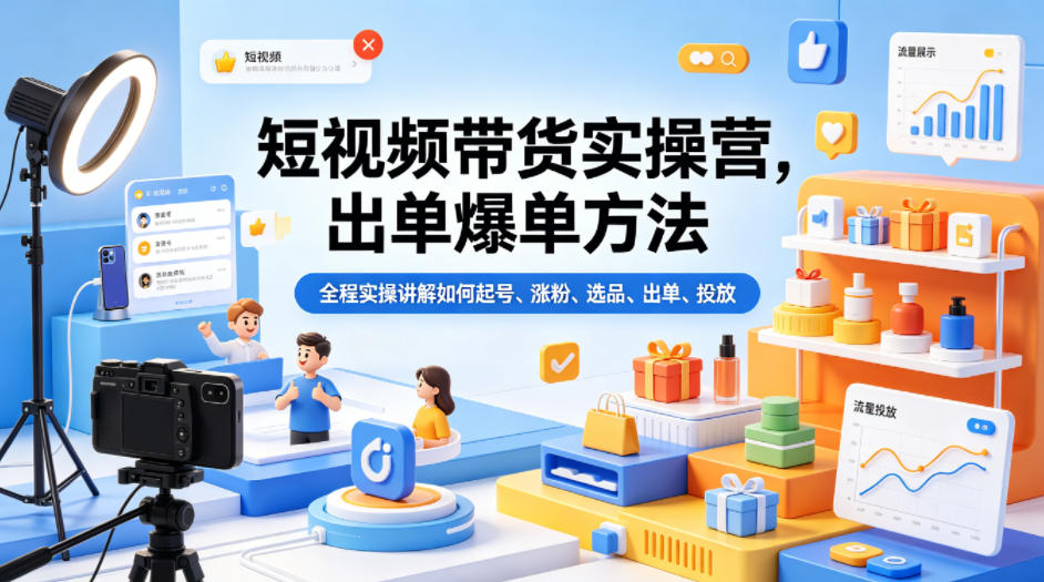 短视频带货实操营，出单爆单方法，全程实操讲解如何起号、涨粉、选品、出单、投放-时光云网创