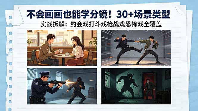 不会画画也能学分镜！30+场景类型实战拆解：约会戏打斗戏枪战戏恐怖戏全覆盖-时光云网创