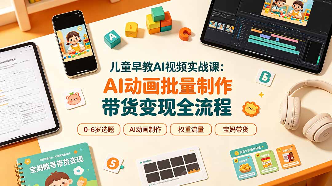 儿童早教AI视频实战课：0-6岁认知选题｜AI动画批量制作｜权重流量拉升｜宝妈账号带货变现全流程-时光云网创