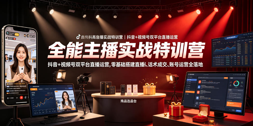 全能主播实战特训营｜抖音+视频号双平台直播运营，零基础搭建直播间、精准选品、话术成交、账号运营全落地-时光云网创