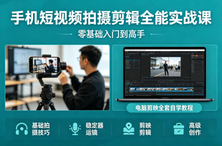 手机短视频拍摄剪辑全能实战课：零基础入门到高手，稳定器运镜+电脑剪映全套自学教程-时光云网创