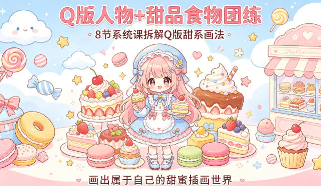 Q版人物+甜品食物团练，8节系统课拆解Q版甜系画法，画出属于自己的甜蜜插画世界-时光云网创