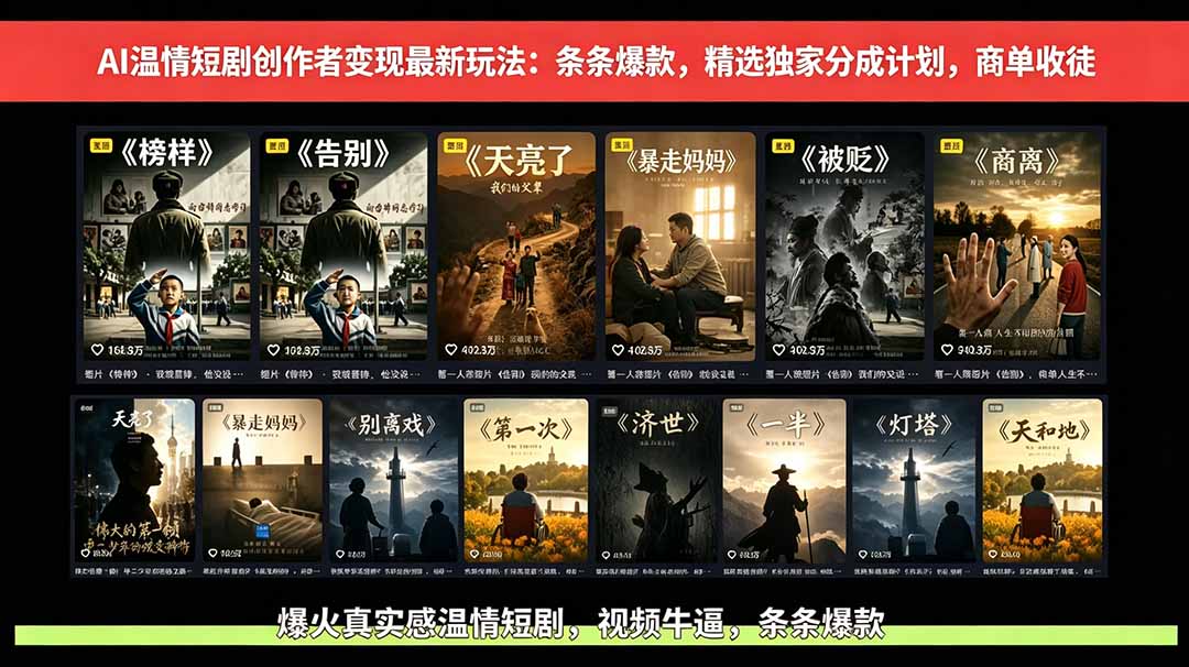 AI温情短剧创作者变现最新玩法:视频牛逼,条条爆款,精选独家分成计划,商单收徒-时光云网创