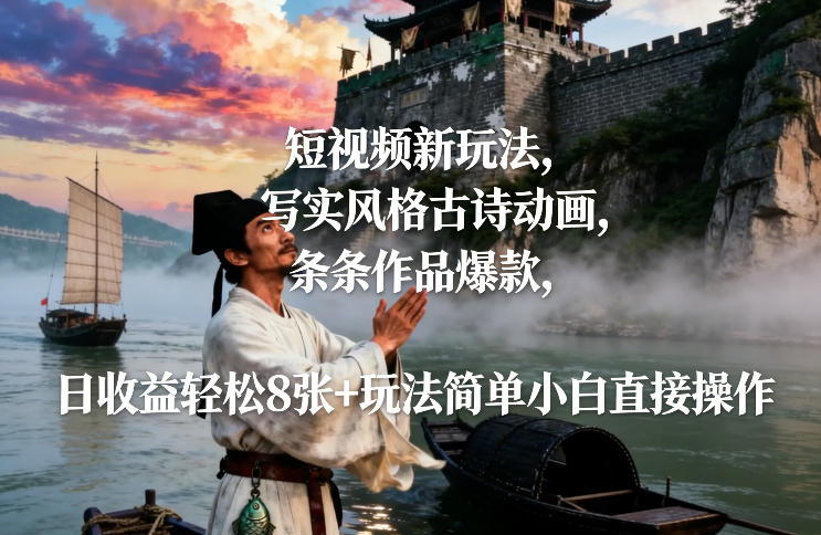 短视频新玩法，写实风格古诗动画，条条作品爆款，日收益轻松8张+玩法简单小白直接操作-时光云网创