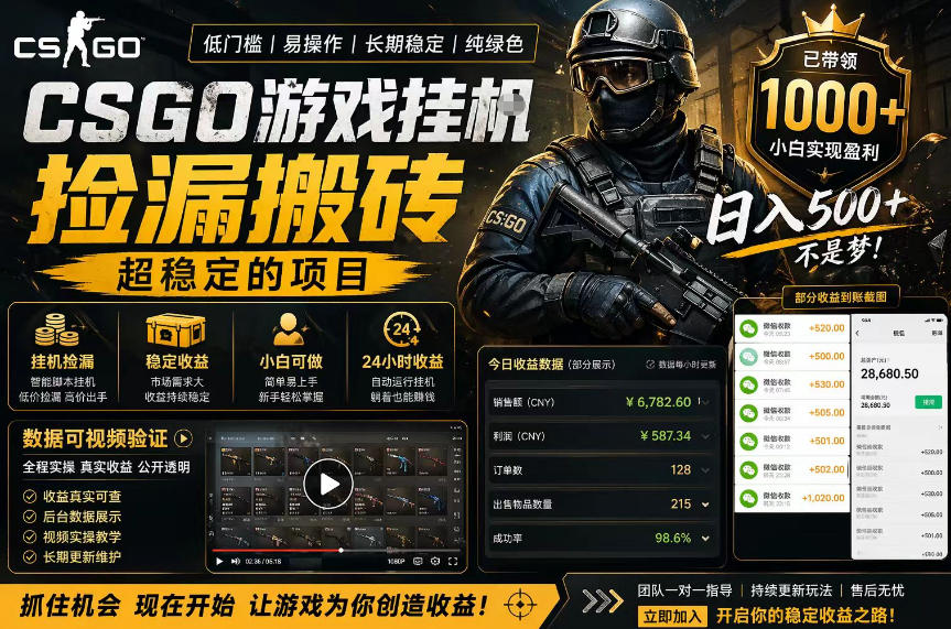 CSGO游戏搬砖，全自动挂G，不需要玩游戏，手机操作日入300+，解放双手【揭秘】-时光云网创