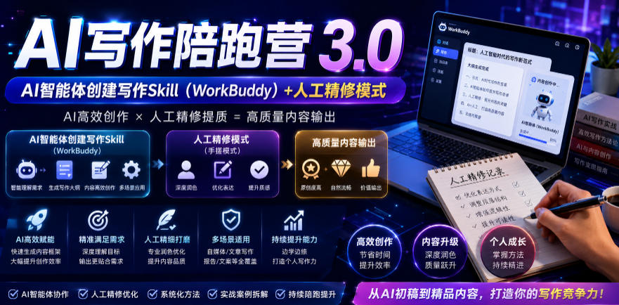 AI写作陪跑营3.0，Ai智能体创建写作skill(workbuddy)+人工手写模式(手搓模式)，去除AI痕迹(头条号、公众号、百家号)(更新0730)-时光云网创