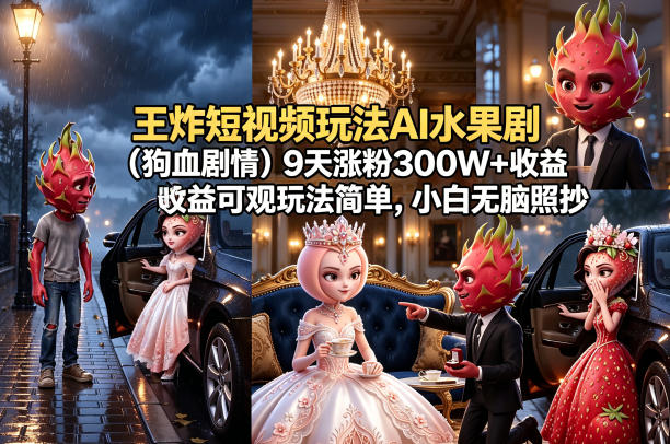 王炸短视频玩法AI水果剧(狗血剧情)9天涨粉300W+收益可观玩法简单，小白无脑照抄，详细拆解玩法-时光云网创
