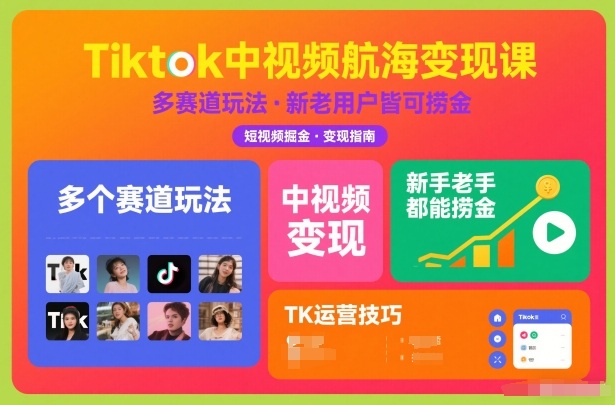 Tiktok中视频航海变现课，多个赛道玩法，新手老手都能在TK中视频捞金-时光云网创