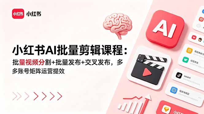 小红书AI批量剪辑课程：批量视频分割+批量发布+交叉发布，多账号矩阵运营提效-时光云网创