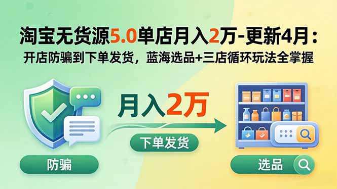 淘宝无货源5.0单店月入2万-更新5月：开店防骗到下单发货，蓝海选品+三店循环玩法全掌握-时光云网创