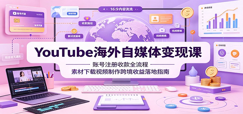 YouTube海外自媒体变现课：账号注册收款全流程，素材下载视频制作跨境收益落地指南-时光云网创