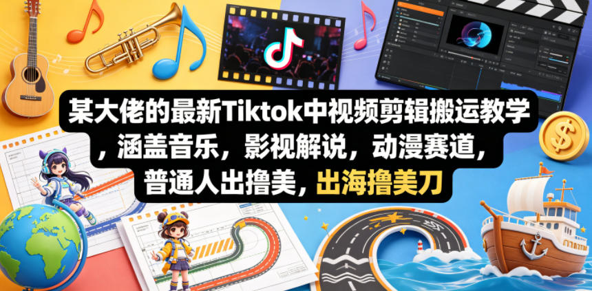 某大佬的最新Tiktok中视频剪辑搬运教学，涵盖音乐，影视解说，动漫赛道，普通人出海撸美刀-时光云网创