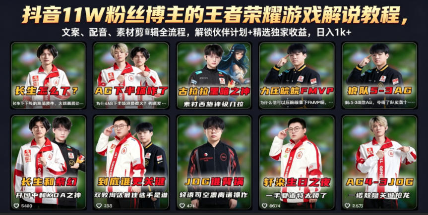 抖音11W粉丝博主的王者荣耀游戏解说教程,文案、配音、素材剪辑全流程,解锁伙伴计划+精选独家收益,日入1k+-时光云网创