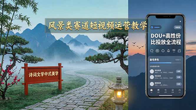 风景类赛道短视频运营教学：诗词文学中式美学，新号养号对标账号定位，DOU+高性价比投放全流程-时光云网创