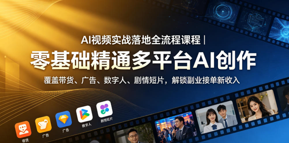 AI视频实战落地全流程课程｜零基础精通多平台AI创作，覆盖带货、广告、数字人、剧情短片，解锁副业接单新收入-时光云网创