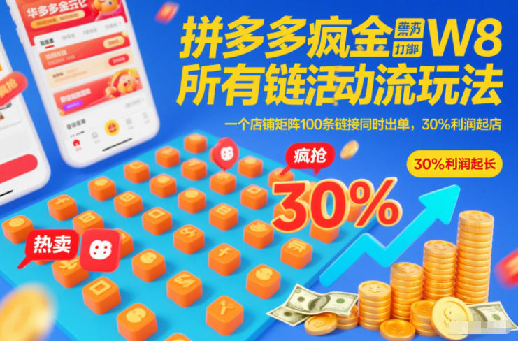 拼多多疯狂活动流玩法，所有链接全部打标，一个店铺矩阵100条链接同时出单，30%利润起店-时光云网创
