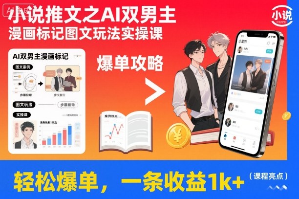 小说推文之AI双男主漫画标记图文玩法实操课，轻松爆单，一条收益1k+-时光云网创