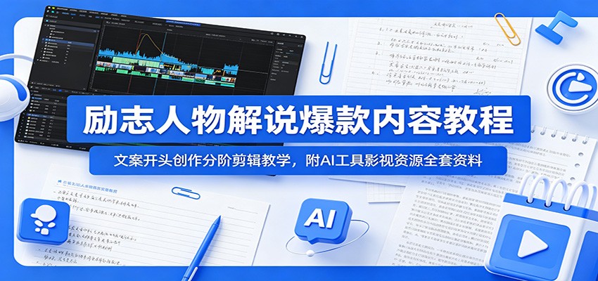 励志人物解说爆款内容教程:文案开头创作分阶剪辑教学,附AI 工具影视资源全套资料-时光云网创