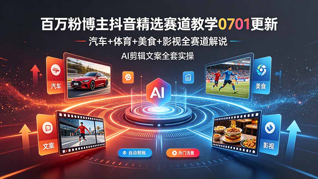 百万粉博主抖音精选赛道教学-0701更新,汽车+体育+美食+影视全赛道解说,AI剪辑文案全套实操-时光云网创