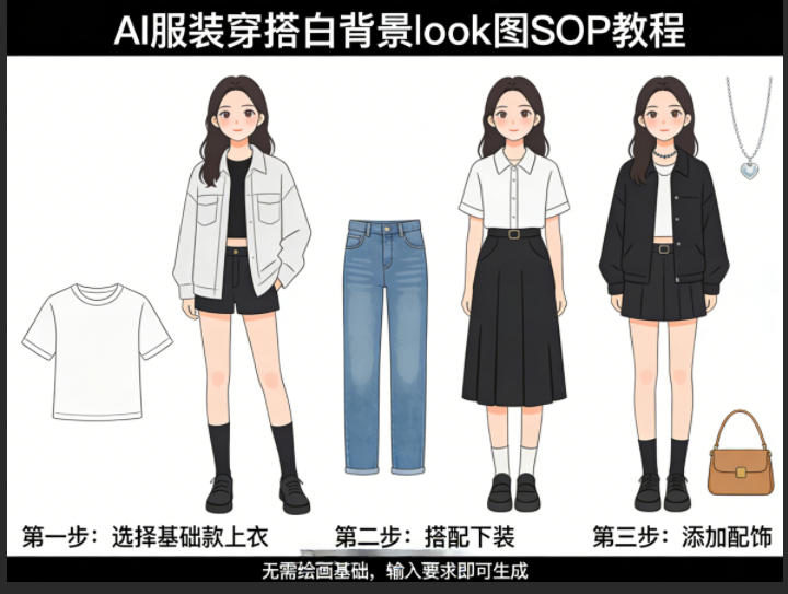 AI服装穿搭白背景look图SOP教程，不用会画画，提几句具体要求，AI就能还你一个奇迹-时光云网创