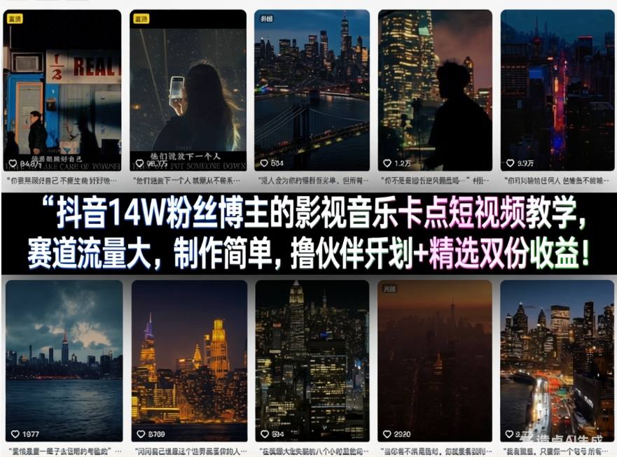 抖音14W粉丝博主的影视音乐卡点短视频教学，赛道流量大，制作简单，撸伙伴计划+精选双份收益！-时光云网创