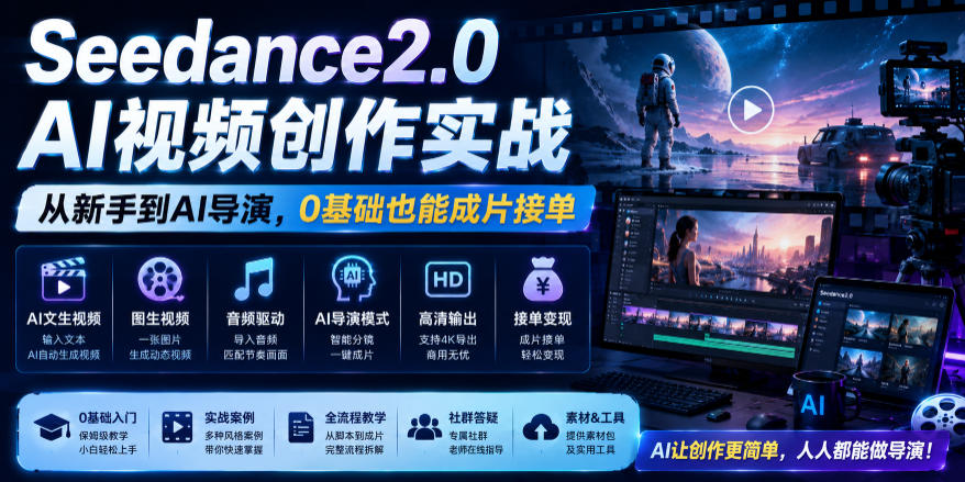 Seedance2.0 AI视频创作实战，从新手到AI导演，0基础也能成片接单变现-时光云网创