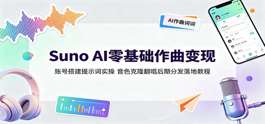 Suno AI零基础作曲变现：账号搭建提示词实操，音色克隆翻唱后期分发落地教程-时光云网创