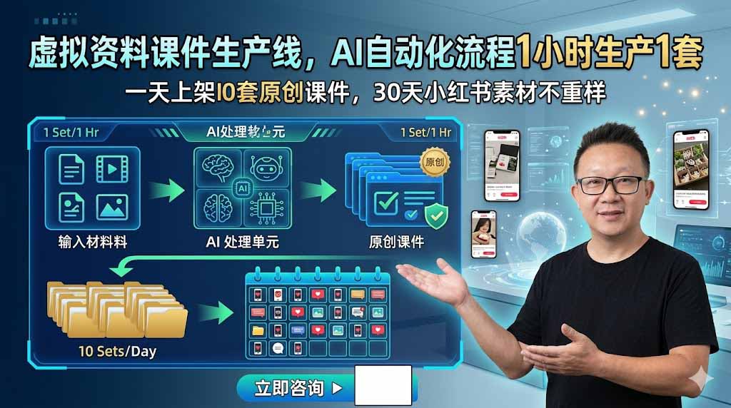 虚拟资料课件生产线，AI自动化流程1小时生产1套，一天上架10套原创课件，30天小红书素材不重样-时光云网创