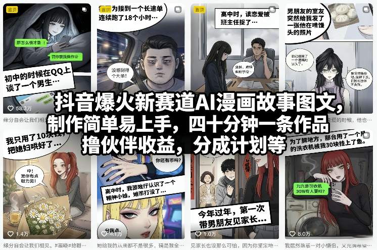 抖音爆火新赛道AI漫画故事图文，制作简单易上手，四十分钟一条作品，撸伙伴收益，分成计划等-时光云网创