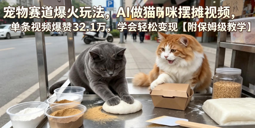 宠物赛道爆火玩法，AI做猫咪摆摊视频，单条视频爆赞32.1万，学会轻松变现【附保姆级教学】-时光云网创