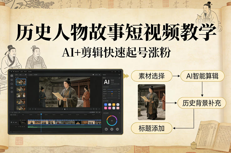 历史人物故事短视频教学，AI+剪辑制作历史人物题材短视频，快速起号涨粉-时光云网创