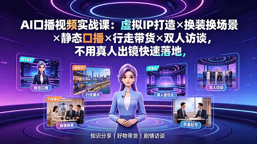 AI口播视频实战课：虚拟IP打造×换装换场景×静态口播×行走带货×双人访谈，不用真人出镜快速落地-时光云网创