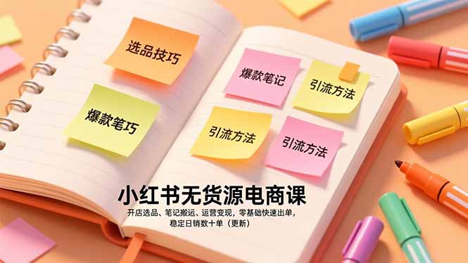 小红书无货源电商课，开店选品、笔记搬运、运营变现，零基础快速出单，稳定日销数十单(更新-时光云网创