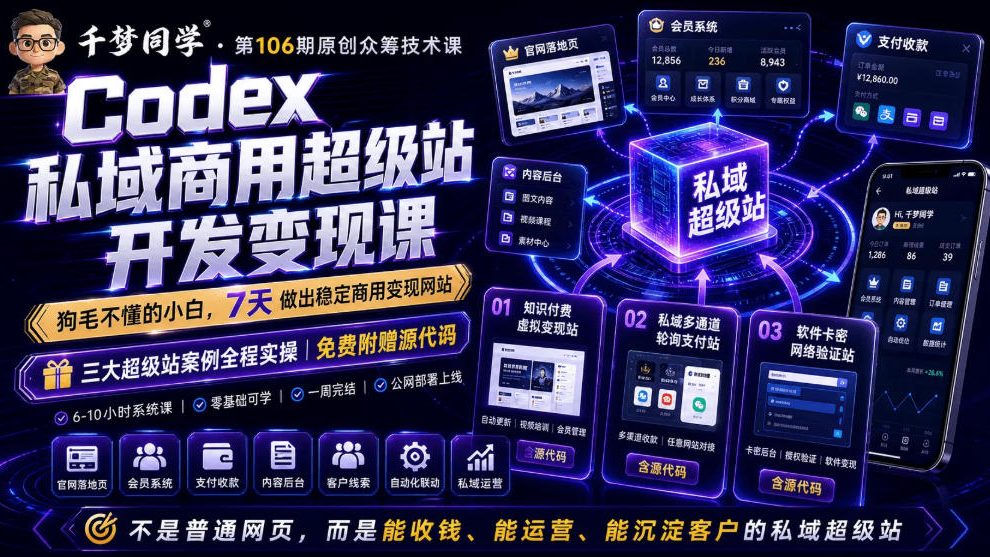 Codex私域商用超级站Ai开发变现课，7天带你从零基础到能自己动手做出能收钱、能运营、能沉淀客户的私域超级站-时光云网创