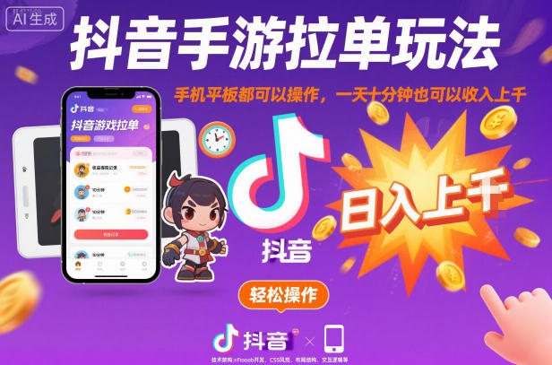 抖音手游拉单玩法，手机平板都可以操作，一天十分钟也可以收入上K【揭秘】-时光云网创