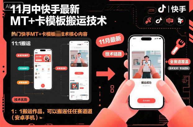 11月中快手最新MT+卡模板搬运技术,1:1搬运作品,可以搬运任何赛道(安卓手机)-时光云网创